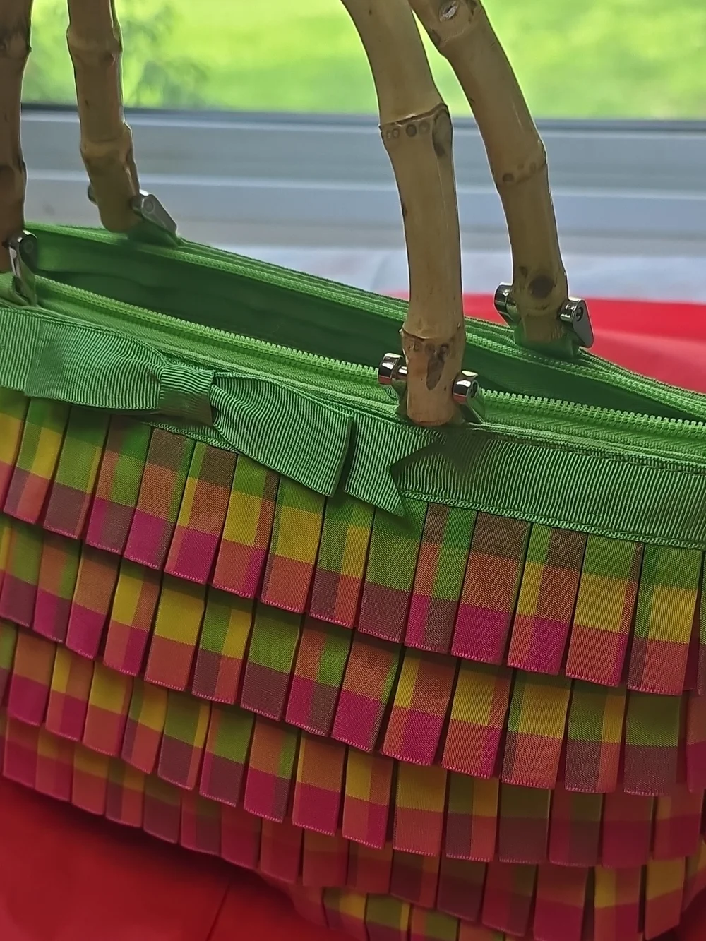 Fringed Woven Tote with Bamboo Handle - Green & Pink